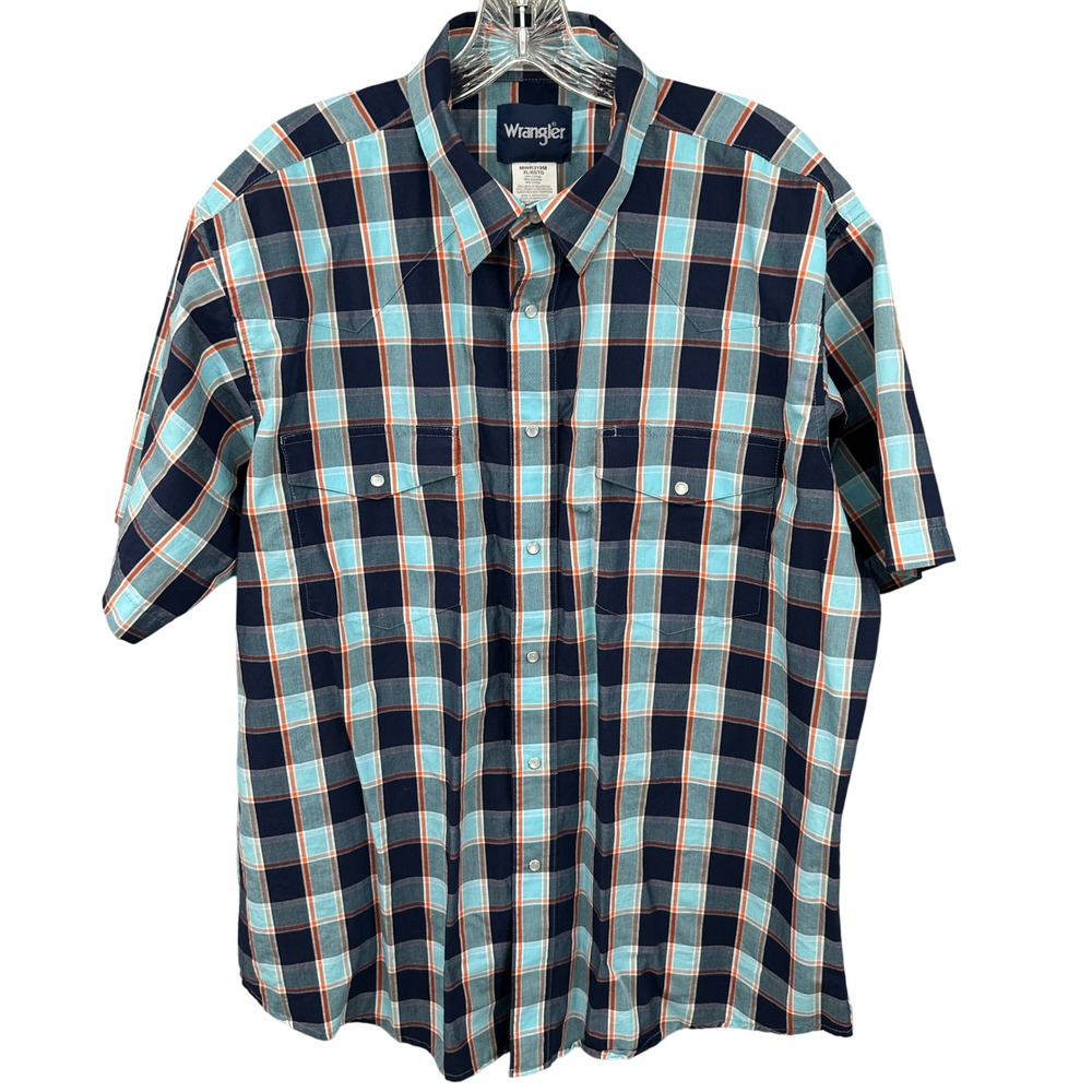 Wrangler Mens Pearl Snap Western Shirt XL Plaid Short Sleeve Cotton Blue Black